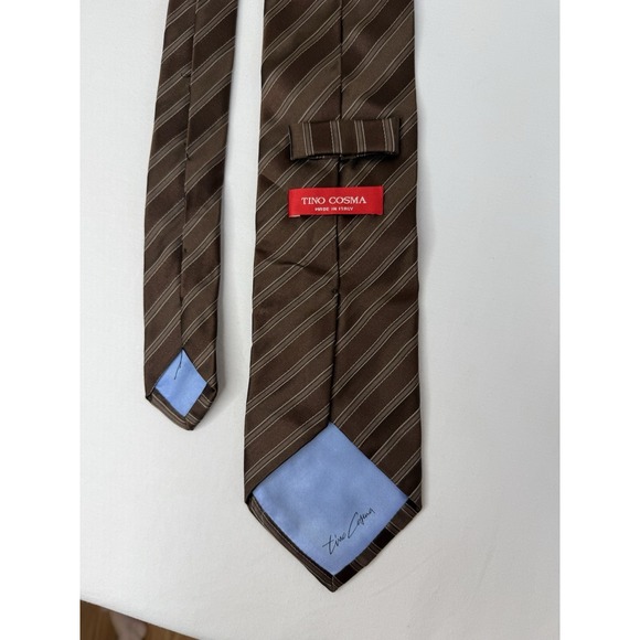 Tino Cosma Italy Silk Tie Brown Silver Stripe Classic Necktie Made in Italy - Picture 2 of 3